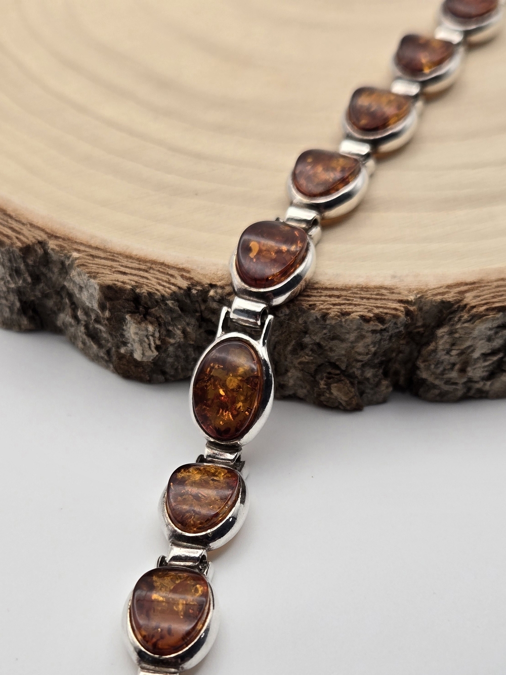 Vintage Sterling Silver 925 Baltic Amber Link Bracelet | Genuine Cognac Amber